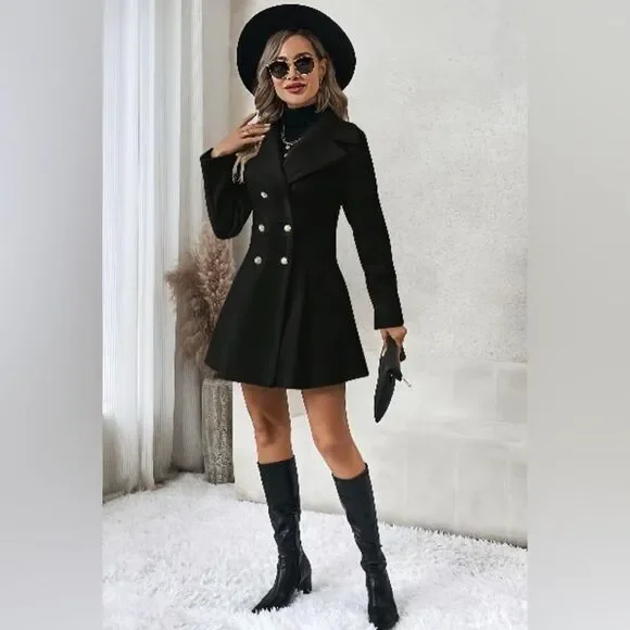 SZ XXL TIKTOK VIRAL OVERCOAT Elegant Black Double-Breasted Women's Coat - Picture 5 of 6